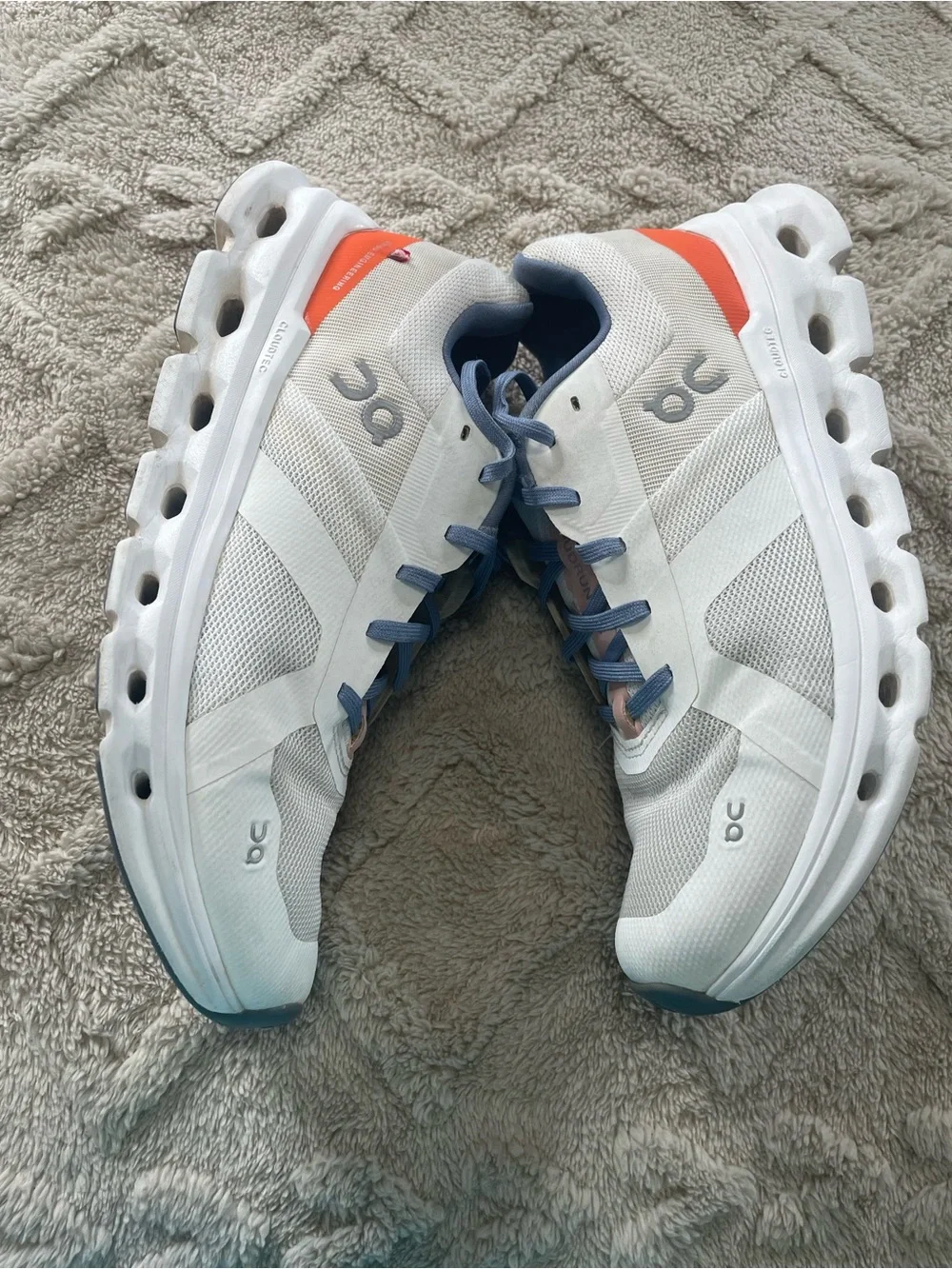 On Cloud - CloudRunning  White Sneakers with Slate Blue and Coral Accents. Sz 9